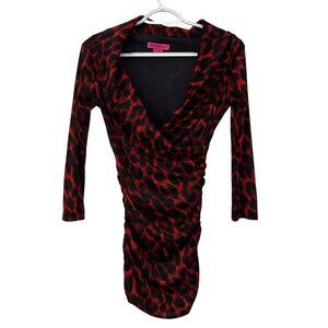 Betsey Johnson Vintage Y2K Dress Size S Petite Red Black Leopard Mini V-Neck